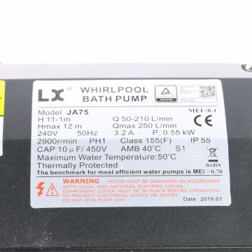 LX Whirlpool JA75 cirkulationspump, inkl. 2st Unions med o-ring